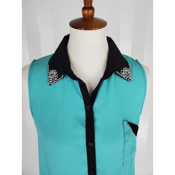 SOPRANO Women's Teal & Black Sleeveless Button Up Sheer Top w/ Rhinestones Sz M - Picture 5 of 10